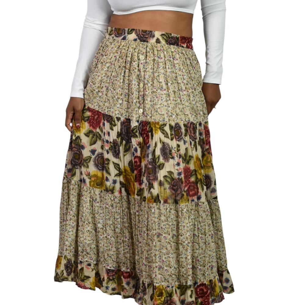 Vintage Tangibles Broomstick Skirt Tan Floral Tier Maxi Gauzy Rayon India Medium - Picture 11 of 16